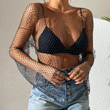 Midnight Sparkle Mesh Top - Women’s Glitter Fishnet Long Sleeve Blouse